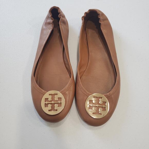 Tory Burch Shoes Womens Size 11.5 Tan Minnie Travel Ballet Flats Leather Logo - Picture 1 of 12